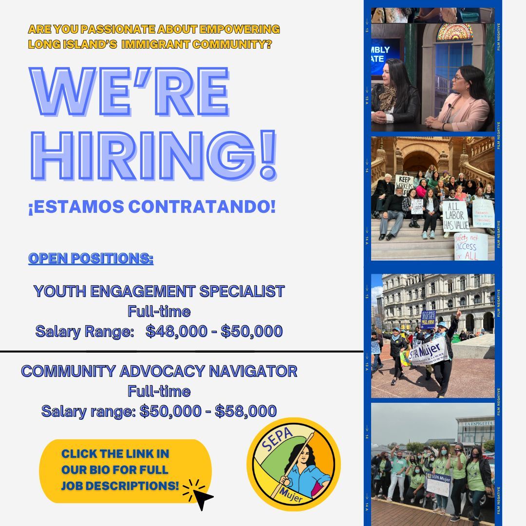 📣We’re hiring! ¡Estamos contratando! 📣

Multiple positions are available at SEPA Mujer.

Are you passionate about empowering Long Island’s immigrant community?

🌟JOIN OUR TEAM🌟 visit the link in our bio for full job descriptions!