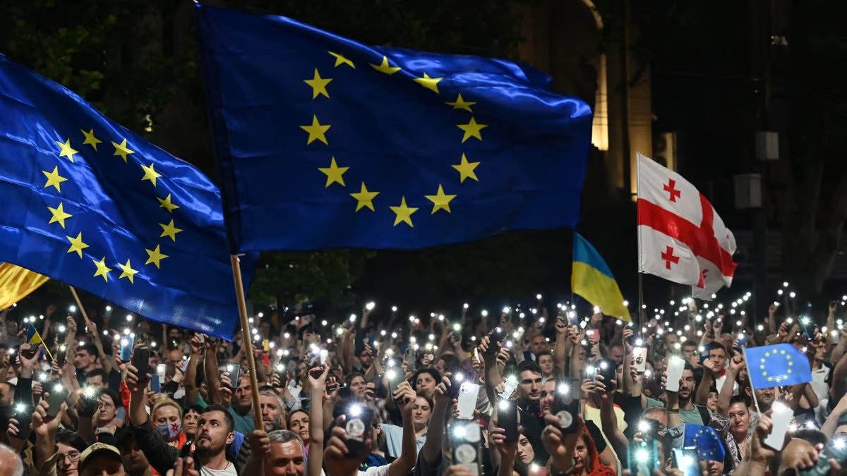 Extraordinary images from Tbilisi yet another example of the iron-clad rule that the EU flag is always flown most lustily in countries that are not in the EU.