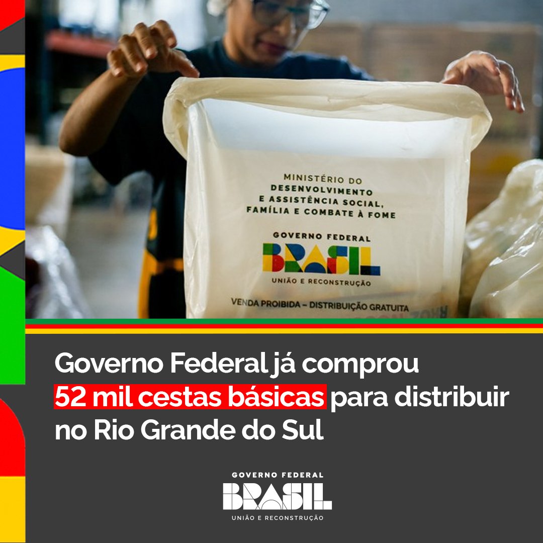O Governo Federal já comprou 52 mil cestas básicas para distribuir no Rio Grande do Sul. O @mdsgovbr destinou R$ 8,4 milhões para compra inicial de 52 mil cestas de alimentos para as vítimas das enchentes. +