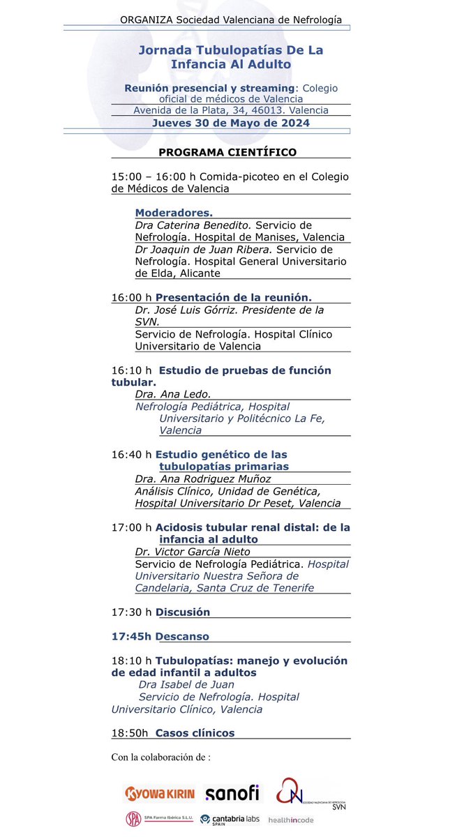 El próximo Jueves 30 de Mayo tendrá lugar en formato híbrido la Jornada de Tubulopatías organizada por el Grupo de la SVN de Enfermedades Renales Hereditarias, no te la pierdas!! <a href="/SVNefro/">Sociedad Valenciana de Nefrología</a> <a href="/SENefrologia/">S.E.N. Nefrología</a>