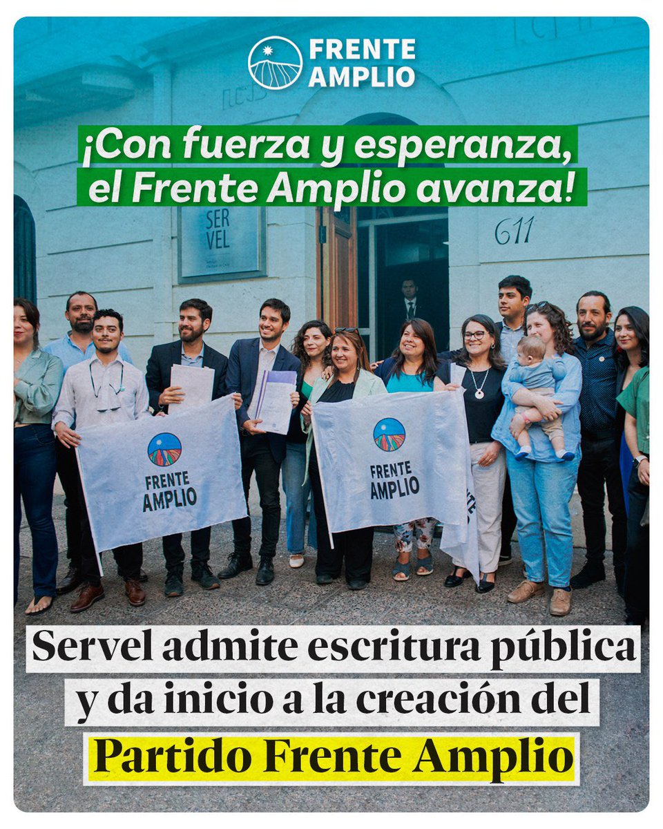 ✅El @ServelChile aceptó dar inicio a la creación del partido Frente Amplio El nuevo partido, que surge por la fusión de la Convergencia con RD, es la suma de movimientos sociales que por años hemos trabajado para que Chile sea un país más justo. ¡Con fuerza y esperanza!✊