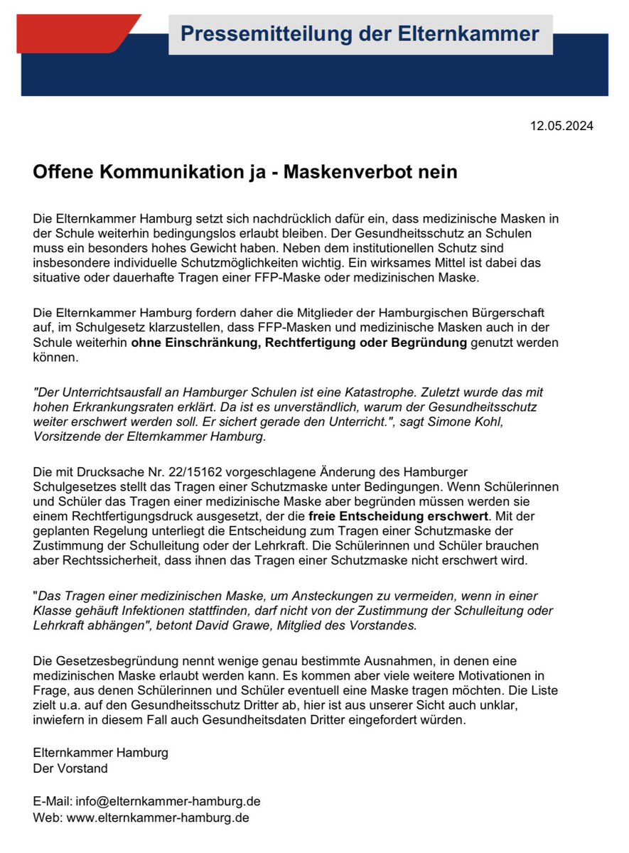 insbesondere individuelle Schutzmöglichkeiten wichtig. Ein wirksames Mittel ist dabei das situative oder dauerhafte Tragen einer FFP-Maske oder medizinischen Maske. Die Elternkammer Hamburg fordern daher die Mitglieder der Hamburgischen Bürgerschaft auf, im Schulgesetz