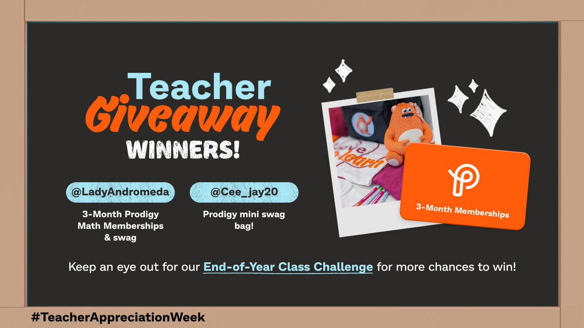 Congrats @LadyAndromeda who won 3-month #ProdigyMath memberships for her students to keep learning over the summer PLUS Prodigy swag!🎉

Her tagged friend @Cee_jay20 will also be winning swag 😍 Check your DMs!  

P.S. Everyone, keep an eye out for our #endofyear challenge 👀🎁