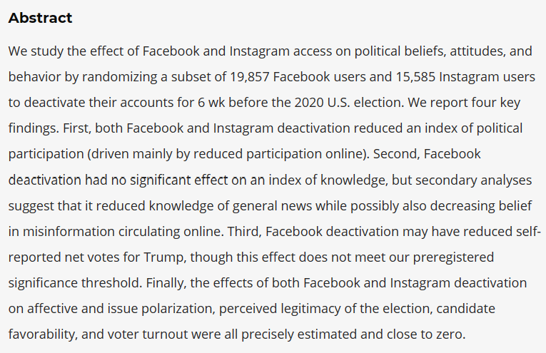 CASBS fellow Young Mie Kim among the coauthors - incl fmr fellows @sgonzalezbailon, @namalhotra & @jenjpan - of new @PNASNews article revealing findings on @facebook & @instagram's effect on political knowledge, attitudes & behavior during election season pnas.org/doi/10.1073/pn…