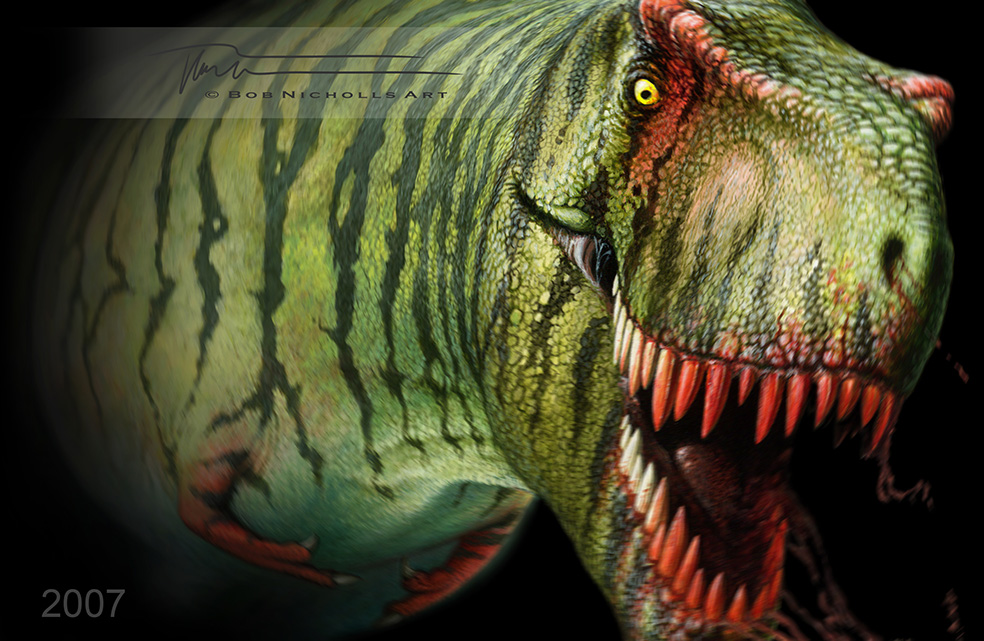 My 25 years of palaeoart chronology...

One last look at the cover art for DINOSAUR, published by Roar (2007). I would paint Tyrannosaurus pretty differently today!

#SciArt #SciComm #Dinosaurs #PalaeoArt #PaleoArt
