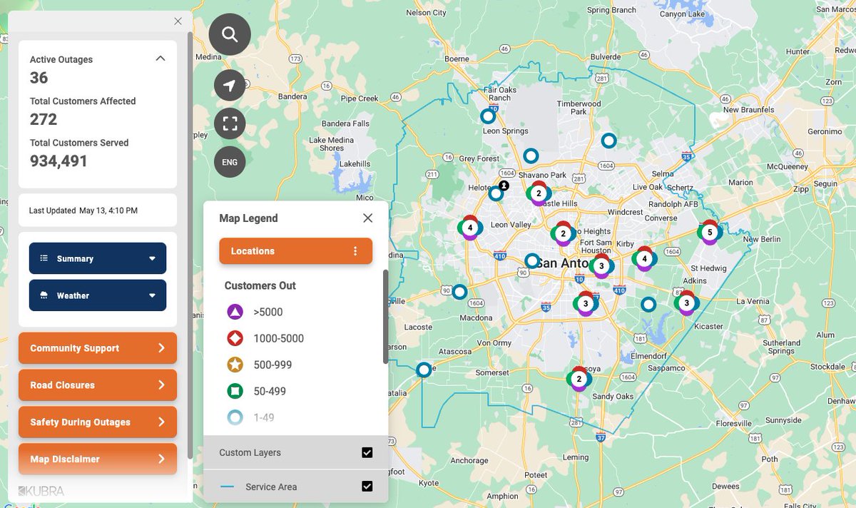 OUTAGE UPDATE (4:20PM): Currently, there are 36 active outages affecting approx. 272 customers, with the largest outages in the 78250 & 78209 zip codes. We thank our customers for their patience and understanding of our crews as they continue working to restore power.