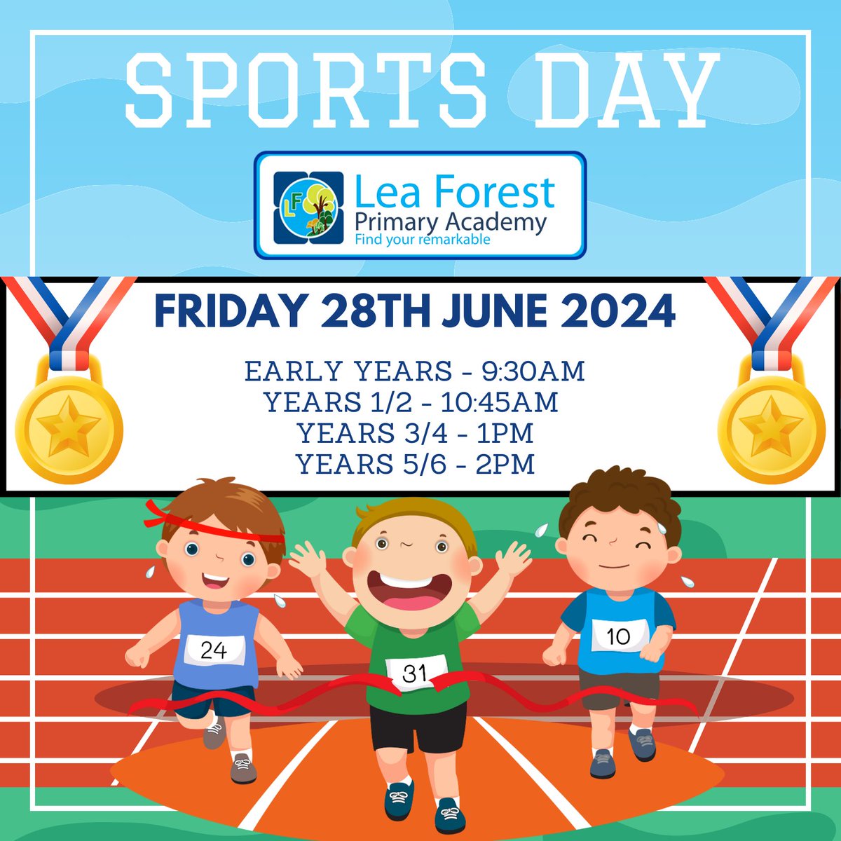Lea Forest Primary Academy Sports Day: Friday 28th June 2024 (see times for different year groups) @lea_forest_aet @AETAcademies @BirminghamEdu @LFP_DHT_MrW @LFP_Dep @MrsCGonzales @LFP_MissEvans @LFP_MissFreeman @mrsrmurad @lfppeteam @cent_coaching @Sport_England