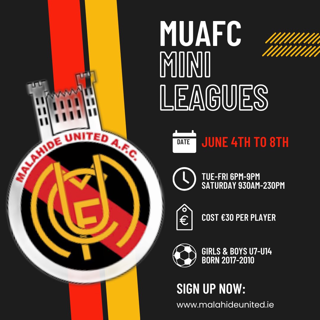 Limited places remain for our Mini Leagues this June, 

🗓️ June 4th to 8th 
📌 Girls and boys U7 to U14 
📍 Open to club and non club players 
🏟️ Gannon Park 
💶 €30 per player 

🚨sign up now to avoid disappointment, closing date for sign up is May 20th ☀️