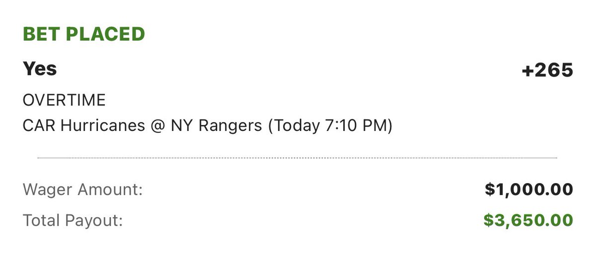 I have wagered that tonight’s Cans Rangers game will go to overtime.

#dkpartner