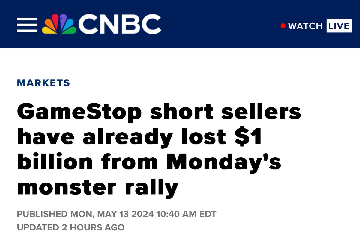 “The jaw-dropping rally in GameStop on Monday has already caused losses of $1 billion for short sellers, according to data from S3 Partners.

The sudden advance in the stock was seemingly triggered by ‘Roaring Kitty,’ who once encouraged an army of day traders to pile into the