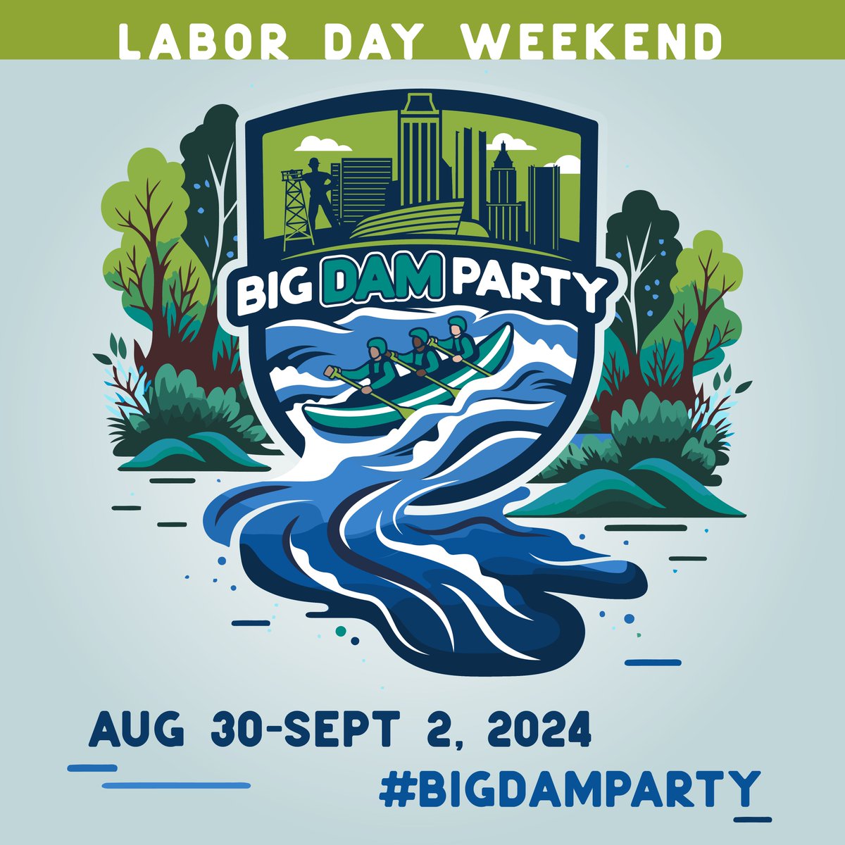 This Labor Day Weekend, join us for #BigDamParty, a 4-day festival celebrating the opening of Zink Lake &amp; Flume, Williams Crossing Pedestrian Bridge, Gathering Place’s riverfront, the Big Dam Run, and the return of Great Raft Race!

Learn more at bigdamparty.com! 🌊🛶