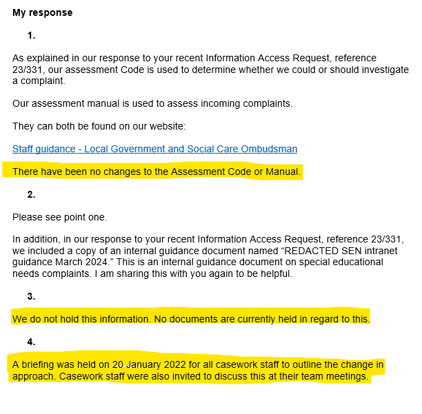 Finally got an answer. <a href="/LGOmbudsman/">LG & SC Ombudsman</a> changed their assessment thresholds for SEND complaints but this was all done verbally with no documentation. <a href="/CaptainK77/">Matthew Keer</a>  <a href="/samanthajbooth/">Samantha Booth</a>  whatdotheyknow.com/request/thresh…