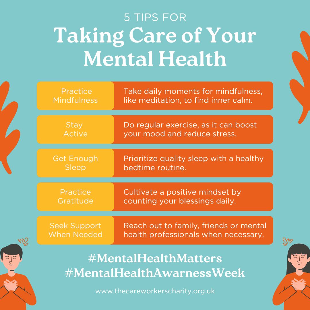 It's #MentalHealthAwarenessWeek this week and we are asking you to please try and take care of your mental health. Follow our checklist and give some time to you today. Remember we are here for any #CareWorkers who need support #LookAfterYourself #MentalHealth #Support #Care