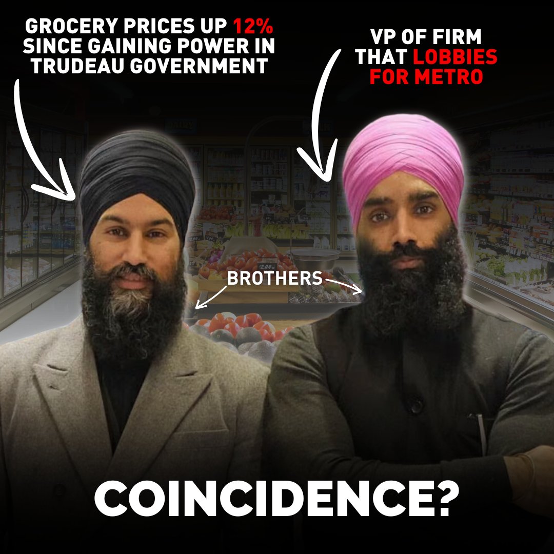 Under this Liberal-NDP government, grocery prices have increased by 12%. Coincidentally, Jagmeet Singh's brother is the VP of a company that lobbies for Metro grocery stores. Interesting... Sign to demand for an investigation of the NDP Grocery Kings: conservative.ca/cpc/investigat…