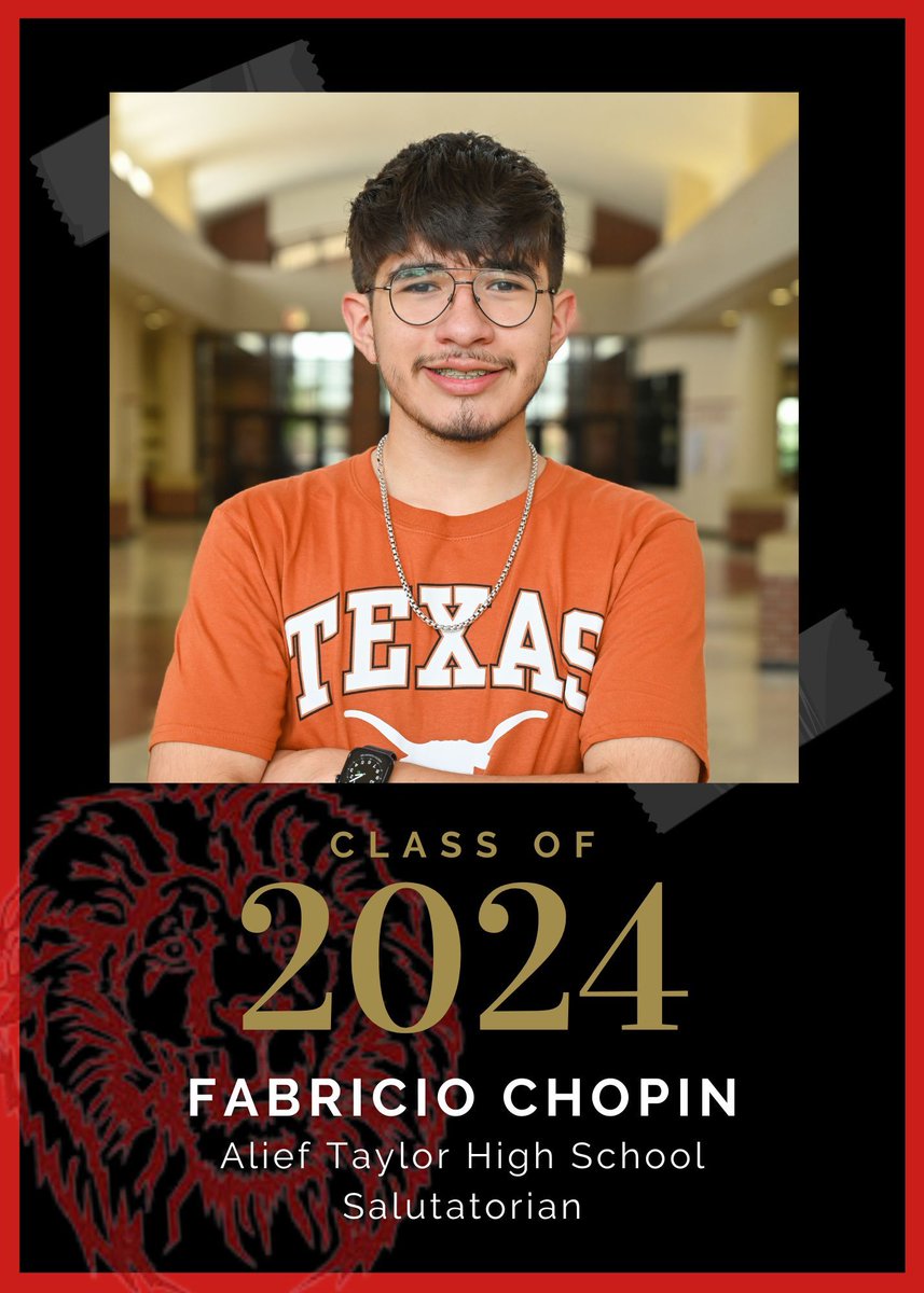 Introducing Fabricio Chopin, @ATaylorHS's outstanding salutatorian! Embarking on his journey to UT Austin, where he'll delve into Mechanical Engineering, shaping the future of innovation. Let's applaud his stellar accomplishments! #WeAreAlief 🎓