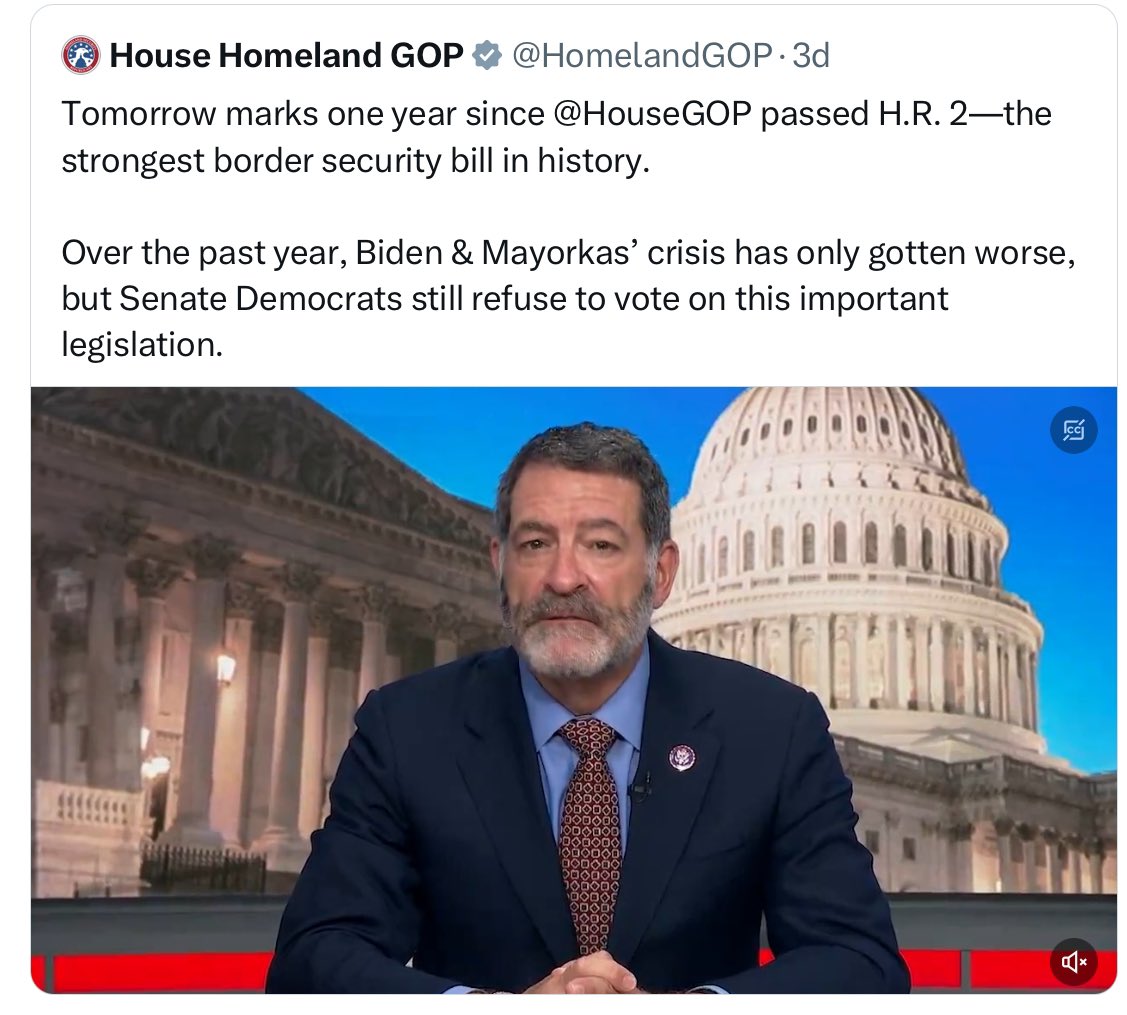 And once again I have to point out that House Republicans turned down a bipartisan bill that would have given us 1500 more border agents, 100 machines to detect fentanyl, 4300 asylum officers, and a 100 more judges. You were told to turn it down so President Biden wouldn’t get a