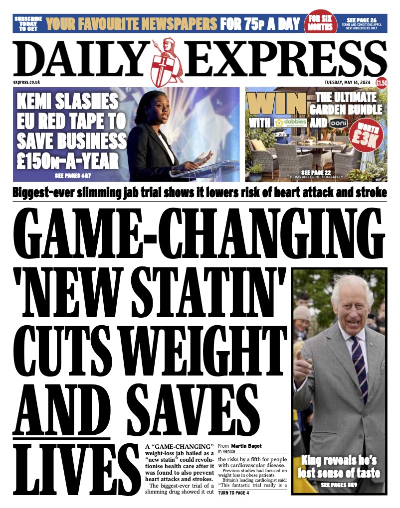Tuesday's Express Front Page - Game-changing 'new statin' cuts weight and saves lives