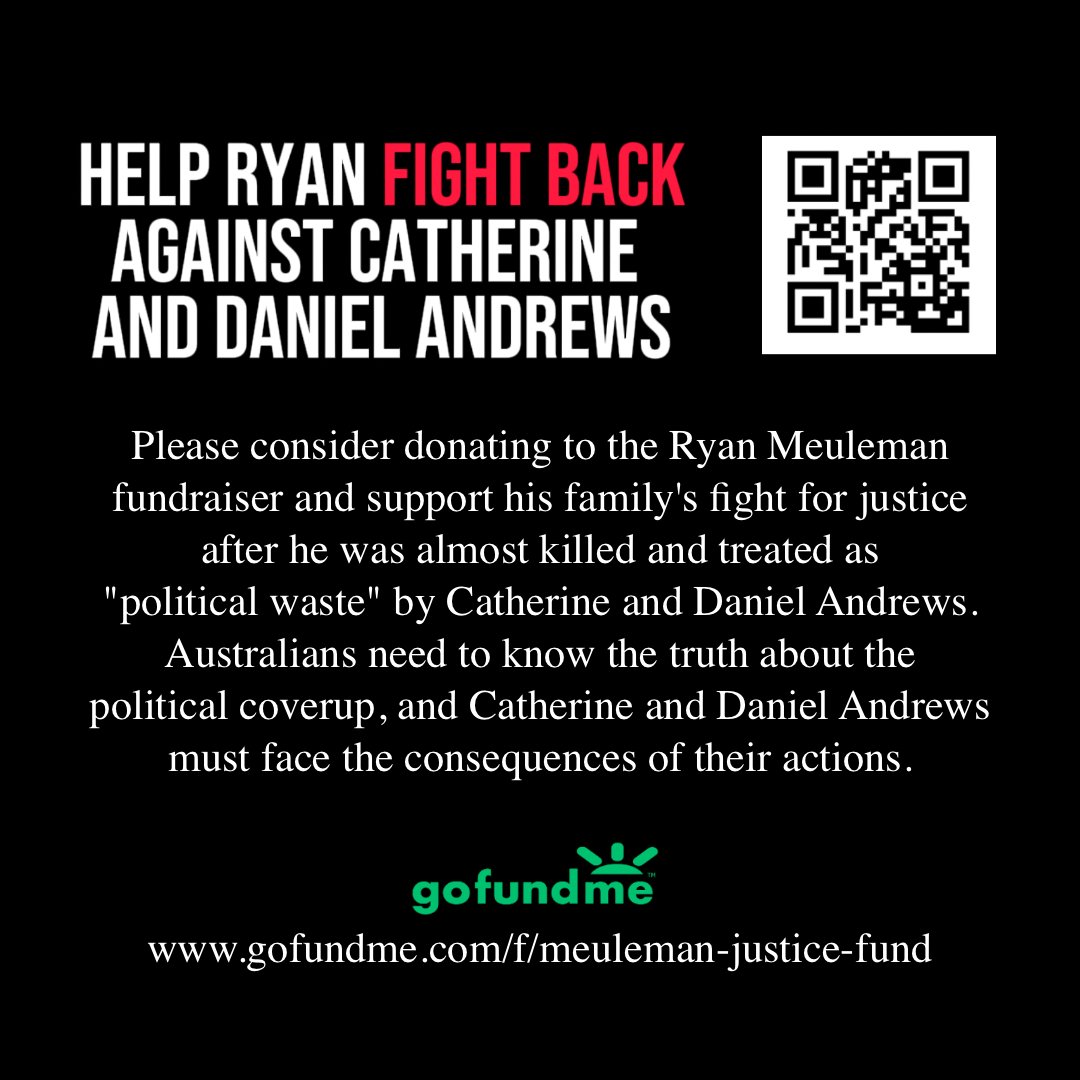 RYAN'S GO FUND ME: gofund.me/79eb69fb Please consider donating to Ryan's fundraiser to help his family fight for justice. Ryan was nearly killed & then labelled 'political waste' by Catherine & Daniel Andrews. Details on GO FUND ME page or QR. Thank you & please repost 🙏🏻
