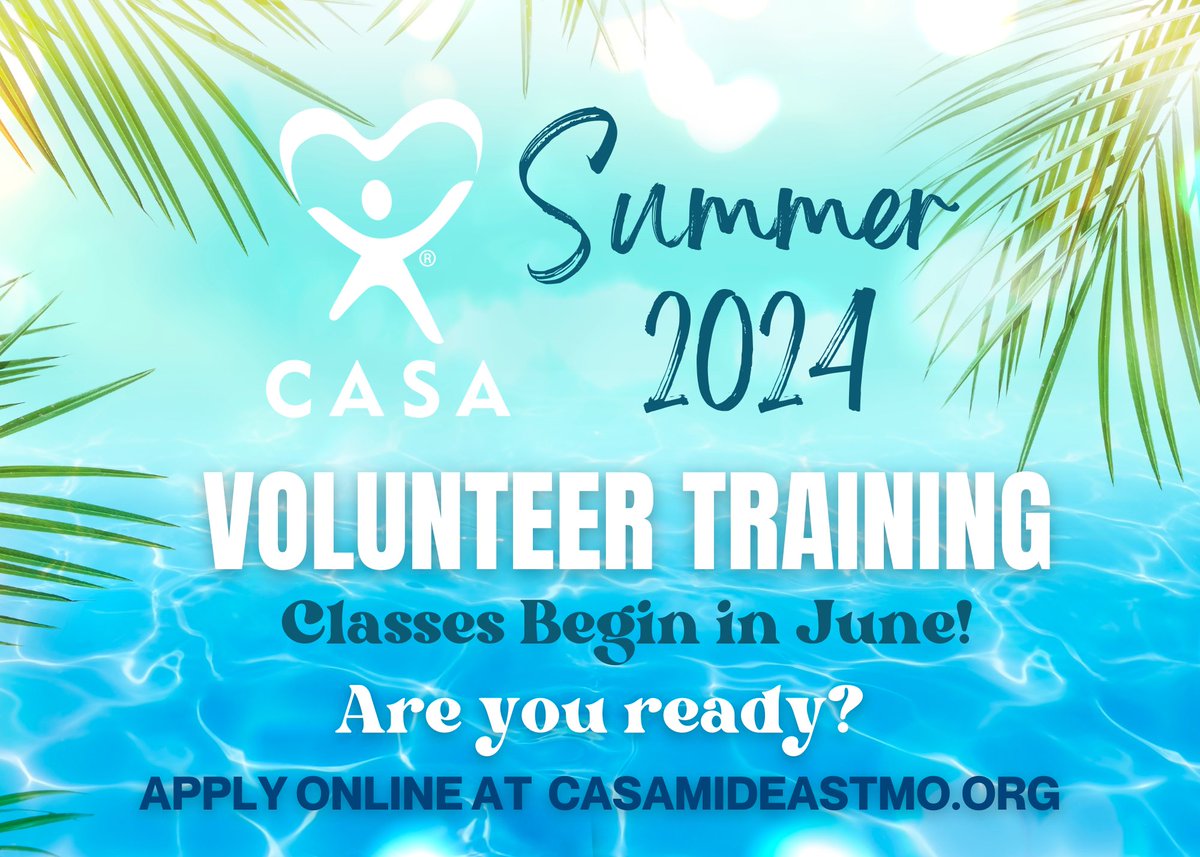 It's hard to believe, but summer's almost here & CASA is gearing-up for our next Volunteer Training! Classes are 5 weeks long and will begin later in June. To apply online, click below or call 636-583-4422 with questions.

mo-franklin.evintosolutions.com/VolunteerAppli…