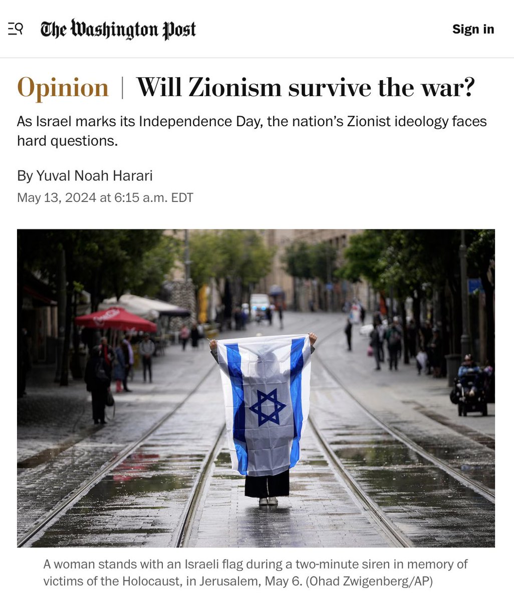 Yuval Harari just published a piece on Zionism in the @washingtonpost. He argues: 'Nothing in this Zionist idea implies that Jews are superior to others, whether they are Greeks or Poles — or Palestinians.' @harari_yuval A short🧵.