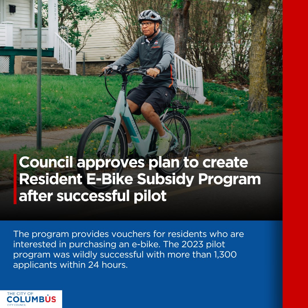 Exciting news! After a successful pilot in 2023, Council has approved plans to continue with the creation of the Resident E-Bike Subsidy Program with the passage of legislation sponsored by Council President @SG_Hardin and Councilmember @lourdesforcbus. #BikeMonth