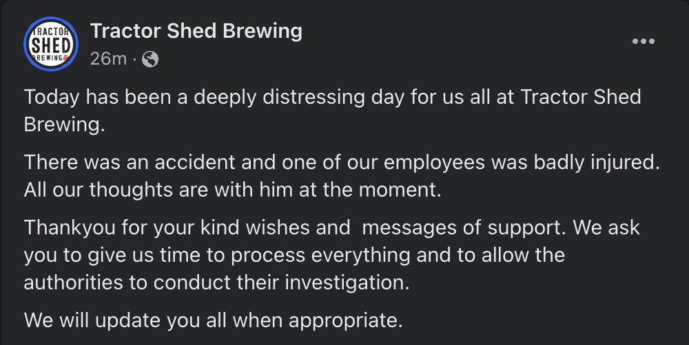 Statement from Tractor Shed Brewing on the accident today via Facebook