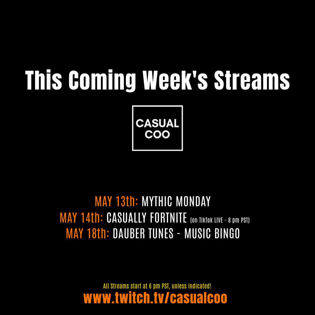 Need your casual fix this coming week? Here is @CasualCoo's stream schedule for this week. As always, you can catch him on Twitch & TikTok LIVE. #forthecasual #casualgamer #streamschedule #fungaming #worldofwarcraft #dungeons #raid
