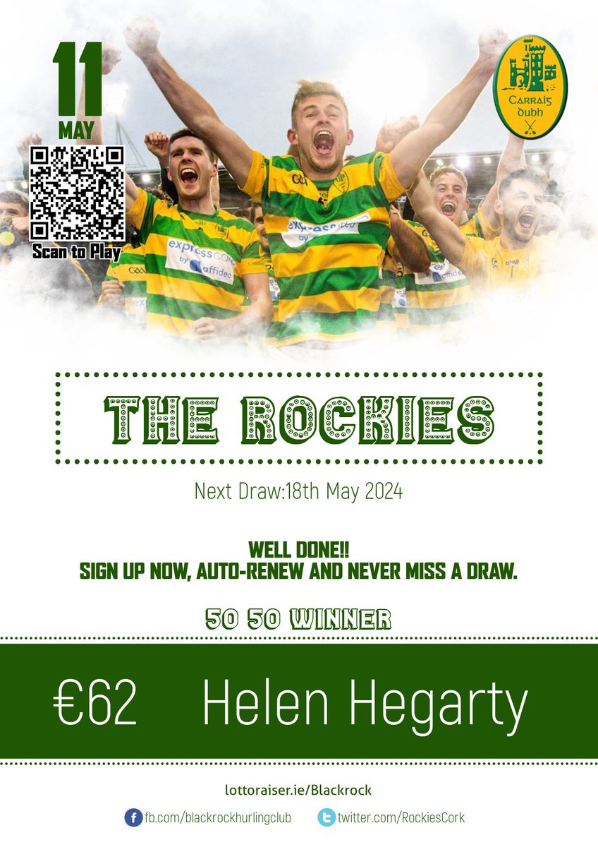 BLACKROCK HURLING CLUB Play Online: lottoraiser.ie/Blackrock/ 50/50 WEEKLY CLUB DRAW 11th May €62 Helen Hegarty Well done!! Sign up now, auto-renew and never miss a draw. Next Draw: 18th May 2024 #Blackrock_Results