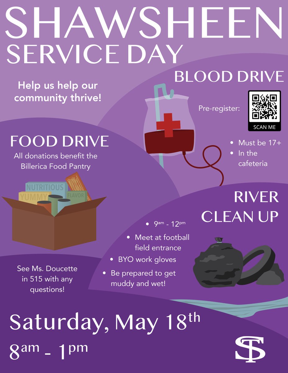NHS will host a #ServiceDay this Saturday, May 18th, from 8am-1pm. Get involved in our donation drop for a food drive, participate in the #blooddrive, or join the river cleanup committee. For more info, reach out to Ms. Doucette or our NHS President Anna Doughty. #WeAreShawsheen