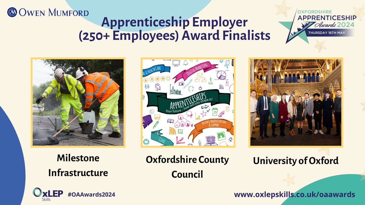 🌟 Congratulations to @Milestone_Infra, @OxfordshireCC & @UniofOxford @OxUniApprentice - finalists in the Oxfordshire #Apprenticeship Awards @OwenMumford Apprenticeship Employer of the Year (250+ employees) Award! #OAAwards2024 #OAHour
