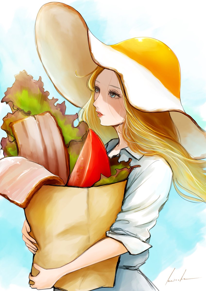 1girl solo long hair blue eyes blonde hair dress hat  illustration images