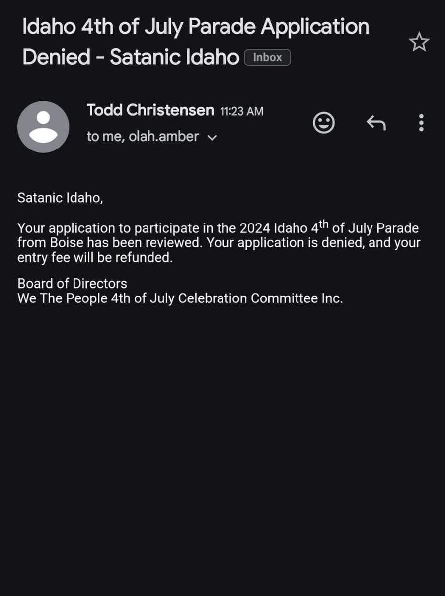 Satanic Idaho is not surprised by the rejection of our application to be in the Boise 4th of July parade.

We find that the hypocrisy does not suit certain sponsors, like @CityOfBoise & others.

#idaho #boise #4thofjuly #idpol