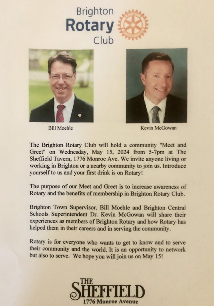 Join #BrightonNY Rotary Club for a membership happy hour this Wednesday from 5-7pm at The Sheffield, 1776 Monroe Ave. Meet Brighton @Rotary Club members and hear @BrightonBelieve Superintendent @KCMcgowan and me talk about what membership in Rotary has meant to us.