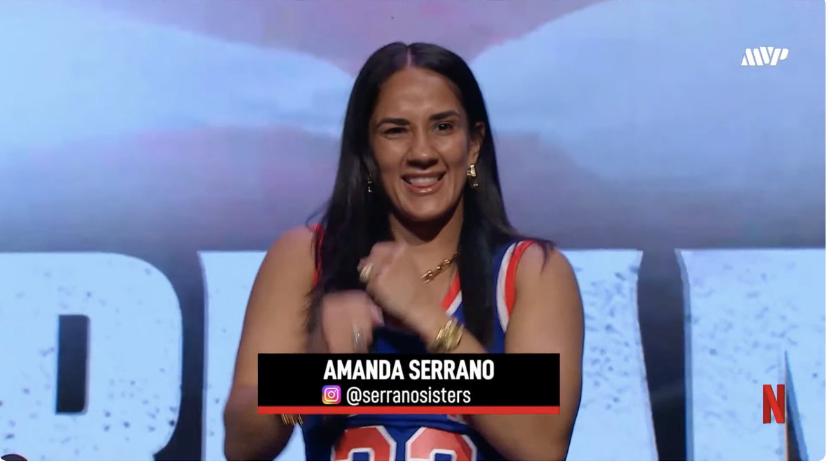 NYC leg of two-city press tour now underway for #TaylorSerrano2. Amanda Serrano arrives rocking a Patrick Ewing throwback jersey.