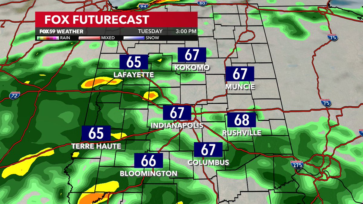 Downturn in temperatures and increase in rainfall over the next 48 hours. Weak, upper low overhead starting Tue will spread rainfall across central IN. peak coverage ramps to 70% of the area by early afternoon. 48-hour rainfall could exceed one-inch in some locations #INwx
