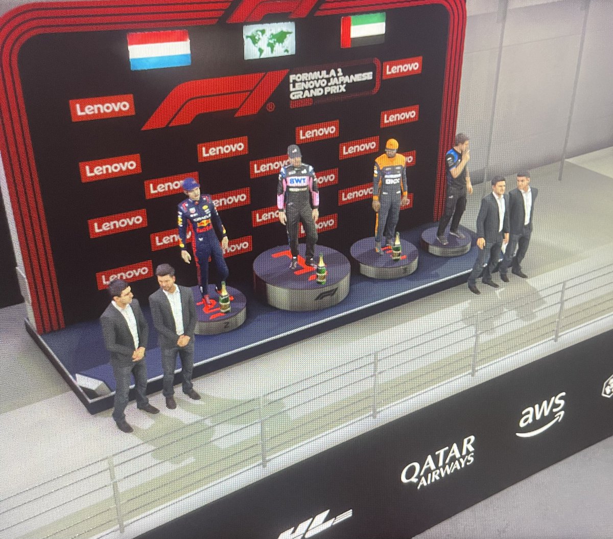 BlackMan_UAE's tweet photo. P10➡️P3. Disappointing safety car restart could’ve fought for 2nd/1st, pleasure to share the podium with my fellow racers @RomeoRingstar @PeenChenkzF1 . Feel bad for Merc and @AlexHunterF1 who must’ve done something to Gausage to make him mad. https://t.co/wYXFdzC3AN