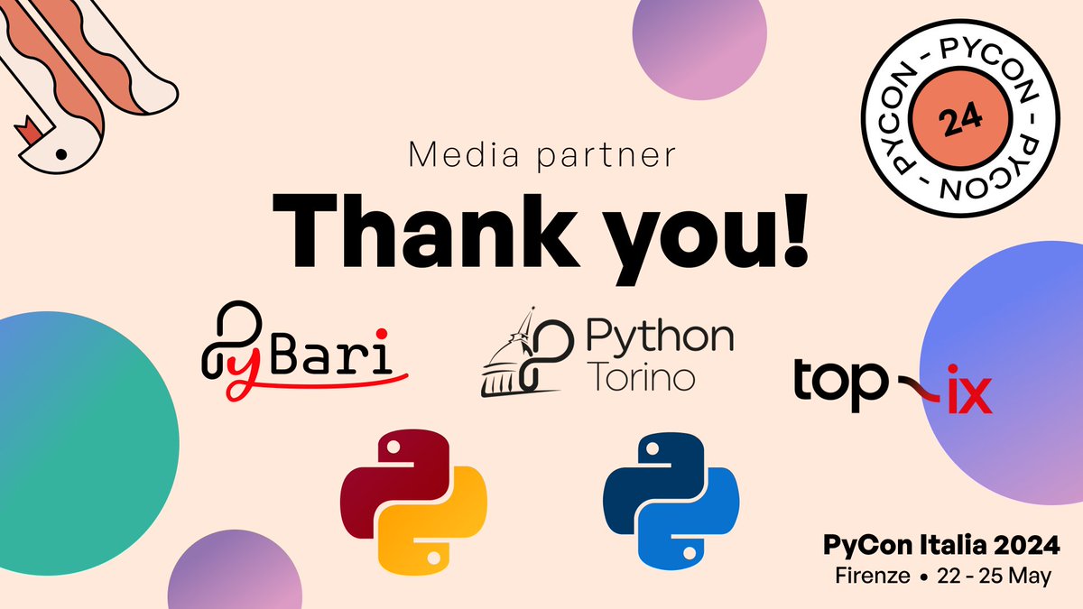 Thanks to the amazing communities that have decided to support PyCon Italia 2024 as media partners 🤝  Here some of them 👉 Python Bari, @pyroma, @PythonPescara, @PythonTorino, @top_ix. #pyconit24 #pyconitalia #mediapartner #techcommunities