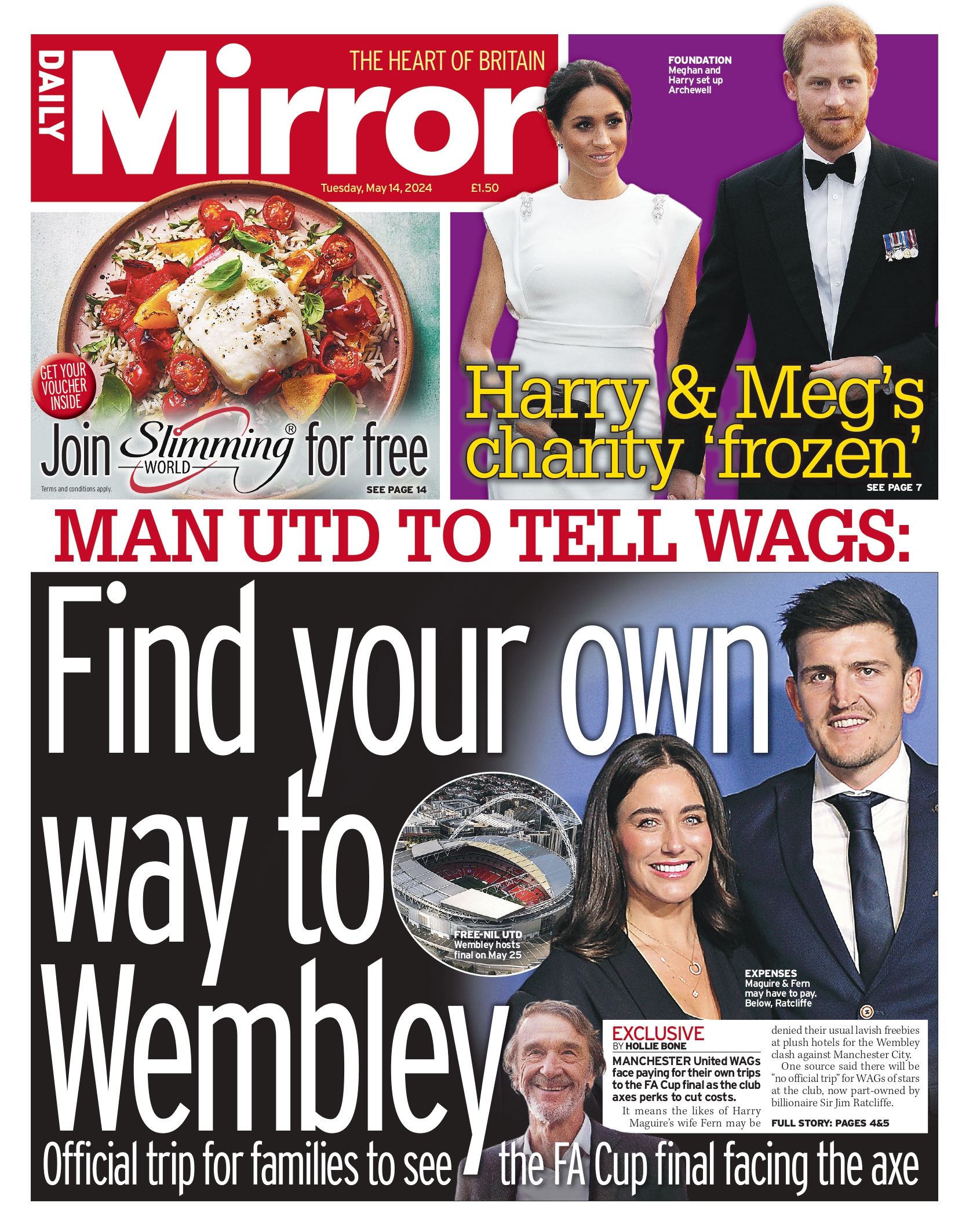 Tuesday's front page: Find your own way to Wembley https://www.mirror.co.uk/sport/football/manchester-united-wags-lavish-freebie-32801419 #TomorrowsPapersToday 