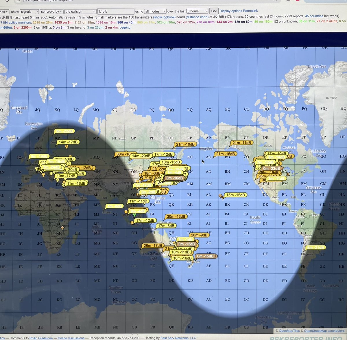 Propagation is back after the extreme geomagnetic storm last weekend. Map shows my 100w signal getting out this morning on 20m, 17m, and 15m bands. #AmateurRadio