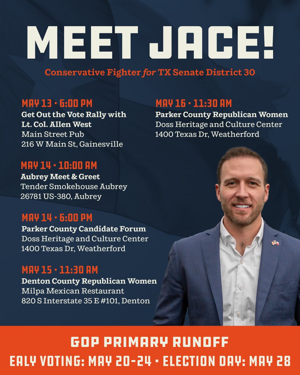 Early voting begins in just one week! I'll be meeting voters all across the district this week to share our campaign's proven conservative message ahead of the runoff. Hope to see you there! #SD30