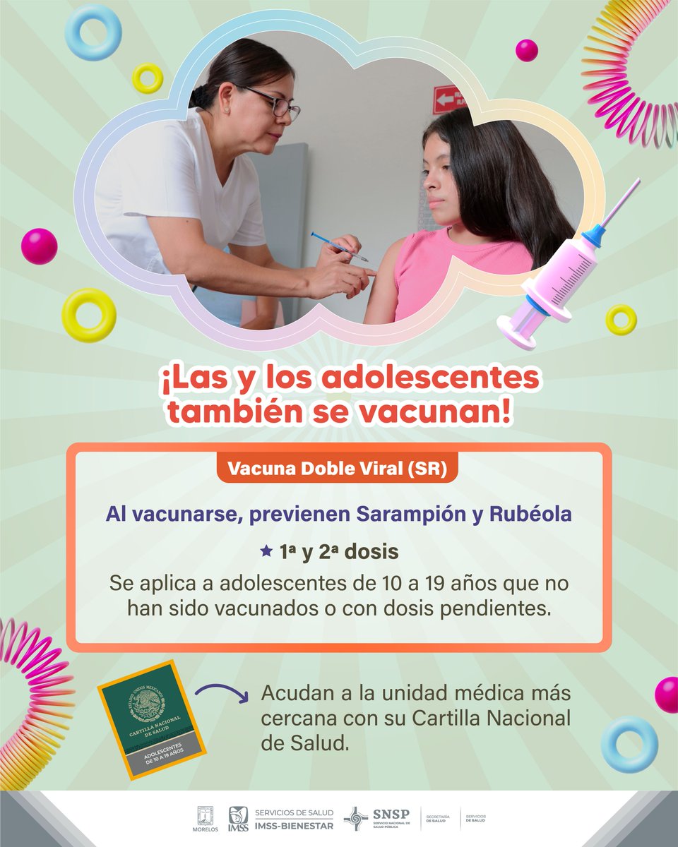 🧒🏽👧🏻 La vacuna doble viral (SR) protege a adolescentes del Sarampión y Rubéola. Revisa la Cartilla Nacional de Salud de tus hijas e hijos de 10 a 19 años y acude a tu centro de salud más cercano. 🏥 ~Campaña de Recuperación de Coberturas de Vacunación 💉 ~