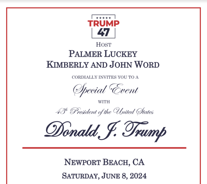 Scoop — Anduril founder @PalmerLuckey is hosting a fundraiser for Donald Trump next month in Newport Beach, California, per invite obtained by @PuckNews.