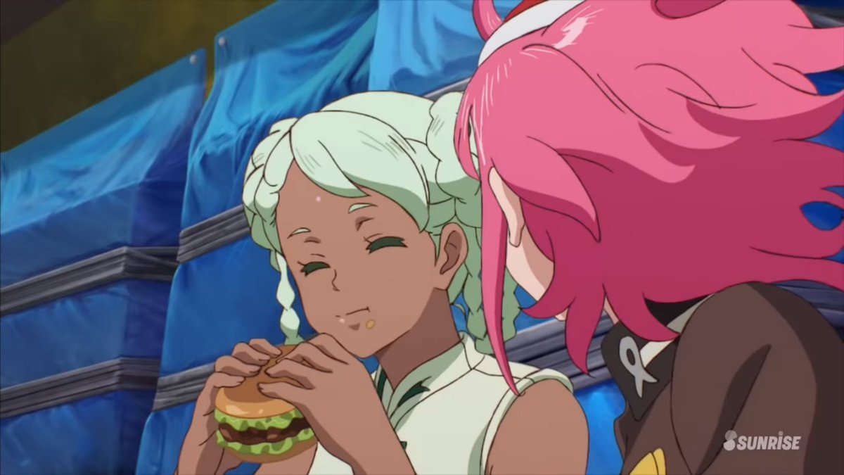 Bright looking stressed, eating his burger from the side of his angry face while probably yelling at kids vs Raraiya existing in the moment, living her best burger life