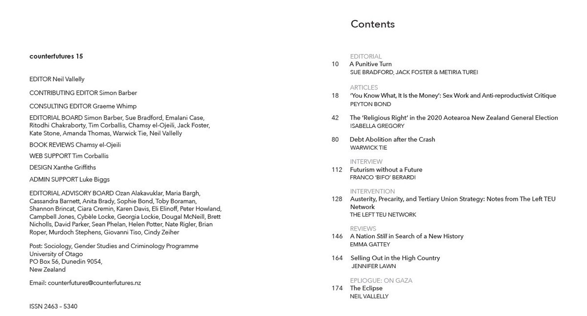 CFuturesNZ's tweet photo. Delighted to announce that Issue 1 is out now! Filled with great stuff, like an interview with Franco 'Bifo' Berardi, @bondpeybond on sex work's challenge to the institution of work, alongside articles on debt abolition and the religious right (1/3) https://t.co/sPFBFVDhC8