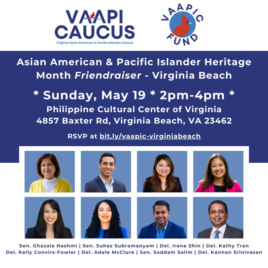 Join us this Sunday, May 19, in Virginia Beach for a “friendraiser” in celebration of Asian American, Native Hawaiian, and Pacific Islander Heritage Month! RSVP: bit.ly/vaapic-virgini…