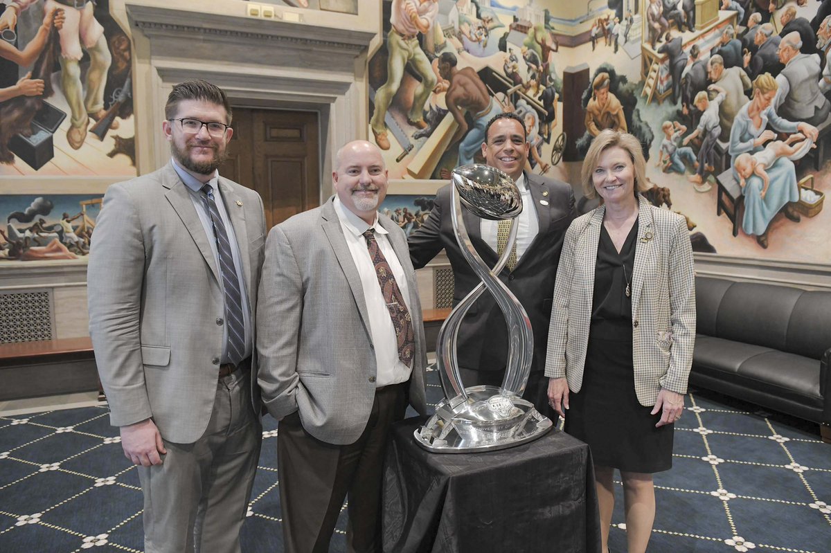It was great to have the Cotton Bowl trophy in the Capitol and to visit with the new athletic director Laird Veatch this afternoon. Thanks to Rep. <a href="/KathySteinhoff/">Kathy Steinhoff</a> for preparing the Cotton Bowl resolution from the House.