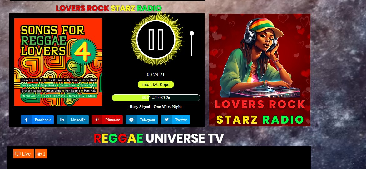 Lovers Rock Starz Radio
🔊Now Playing⏯Busy Signal-One More Night @ reggae-universe.com/#LoverRockStar… @ReggaeStarz_RSR @savedancehall @reggaeunivrse @reggaeunrecords @reggaeunivrsetv #Reggae #soca #dancehall #loversrock #afrobeat #jamaican #DubNation #ReggaeUniverse🌍#Diddy #joost