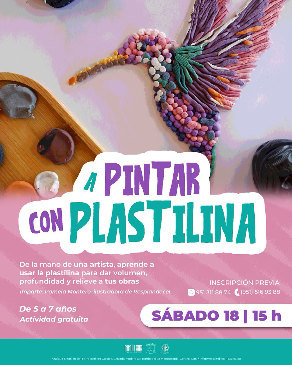 De la mano de Pamela Montero, ilustradora y expositora en Resplandecer, aprende a usar plastilina para crear figuras con relieve. Aprende a modelarla para crear grandes obras de arte. 🗓 Sábado 18 | 15 horas 🖍 De 5 a 7 años ☎ Inscripciones al 951 516 93 88 o al 951 311 88 74.