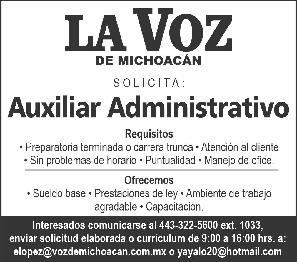 #OportunidadLaboral 💼 Se solicita auxiliar administrativo, ofrecemos sueldo base, prestaciones de ley, capacitación y ambiente de trabajo agradable.

Interesados comunicarse al 443 322 5600 ext. 1033
O envía tu solicitud a elopez@vozdemichoacan.com.mx