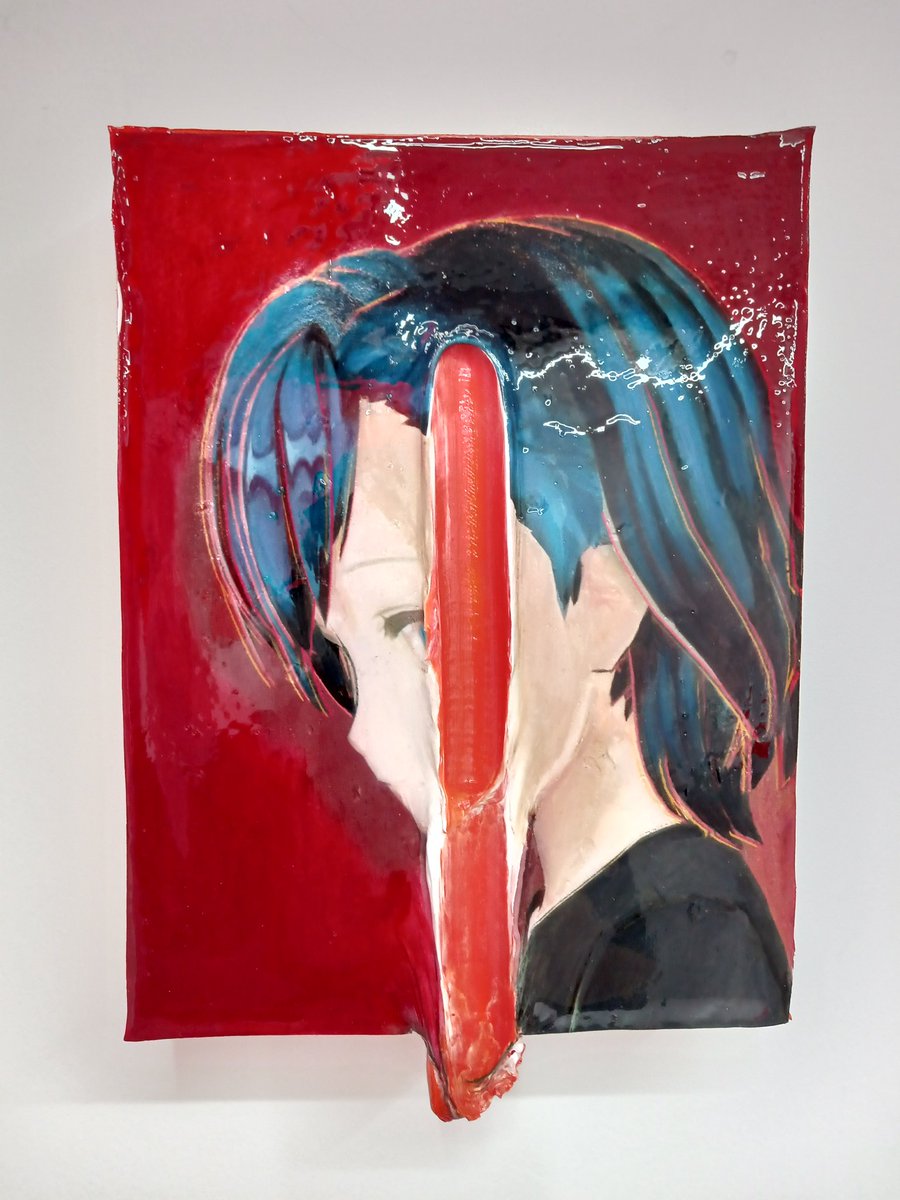 下村悠天さん、とうとう支持体から絵の具が垂れている、厚塗りを追求していくと四角い枠には収まらない、イレギュラーにこそ真実が宿っている、ビスケットギャラリーの個展から。